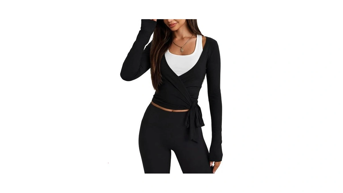 Copyleaf Women Ballet Wrap Top Long Sleeve Crop Tops For
