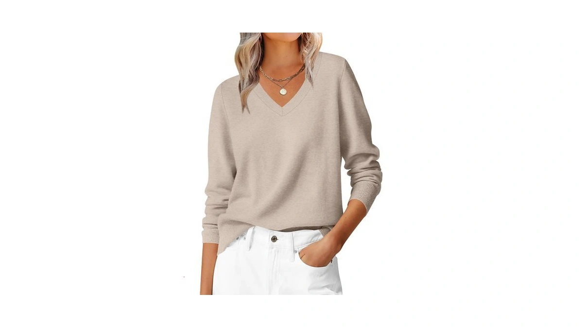 Anrabess Women’s Fall Long Sleeve V Neck Light Sweaters,almond,m