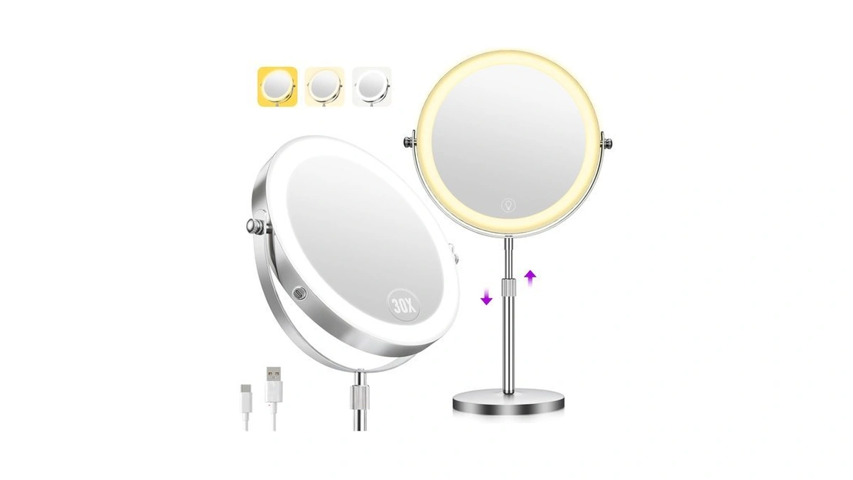 Zlroluyn 1x/30x Makeup Mirror With Lights, Brightness Adjustable With 3