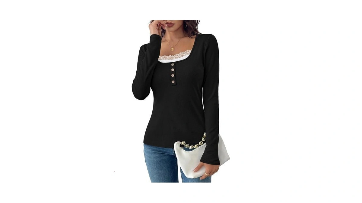Wiholl Women's Long Sleeve Tops Lace Trim Scoop Neck Fall
