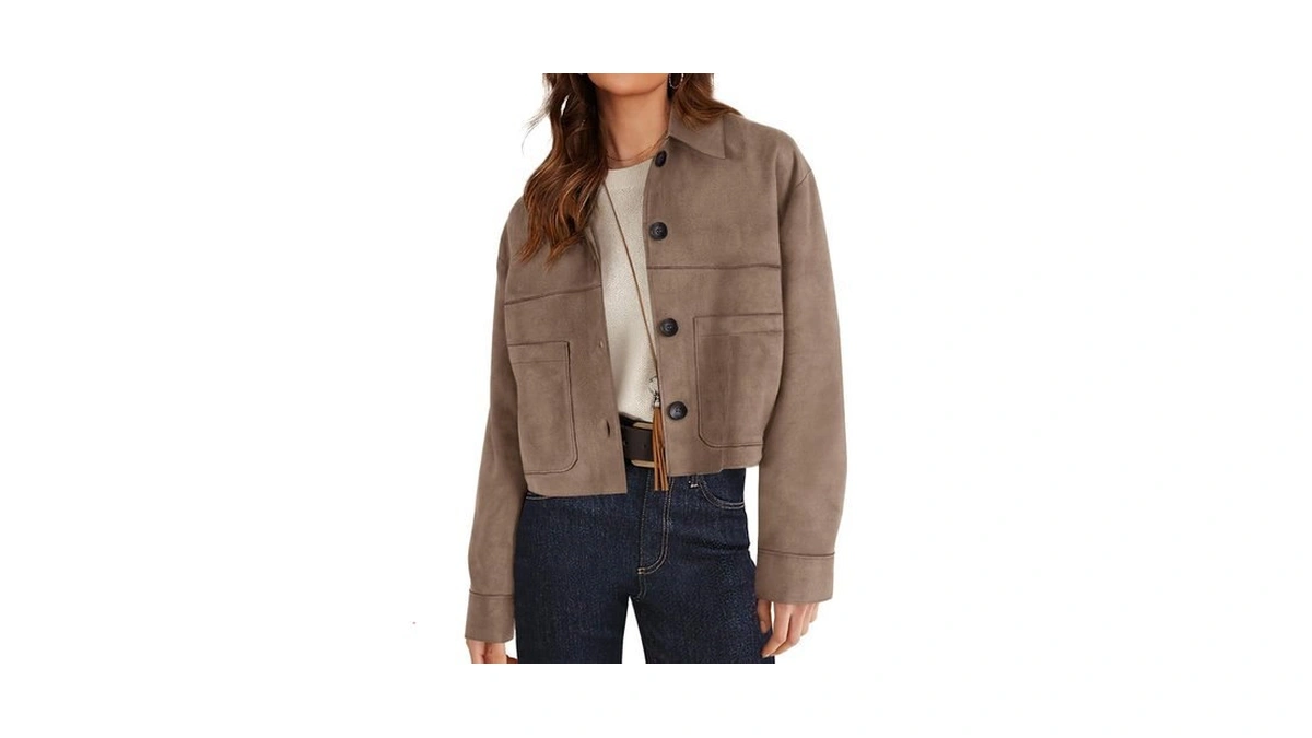 Prettygarden Women's Faux Suede Lightweight Cropped Jacket, Grey Khaki,m