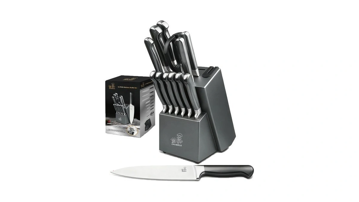 15-piece Gray Kitchen Knife Set With Block And Sharpener, Dishwasher