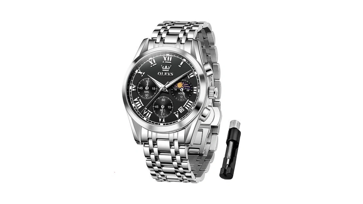Olevs Mens Watches Silver Luxury Waterproof Black Large Face