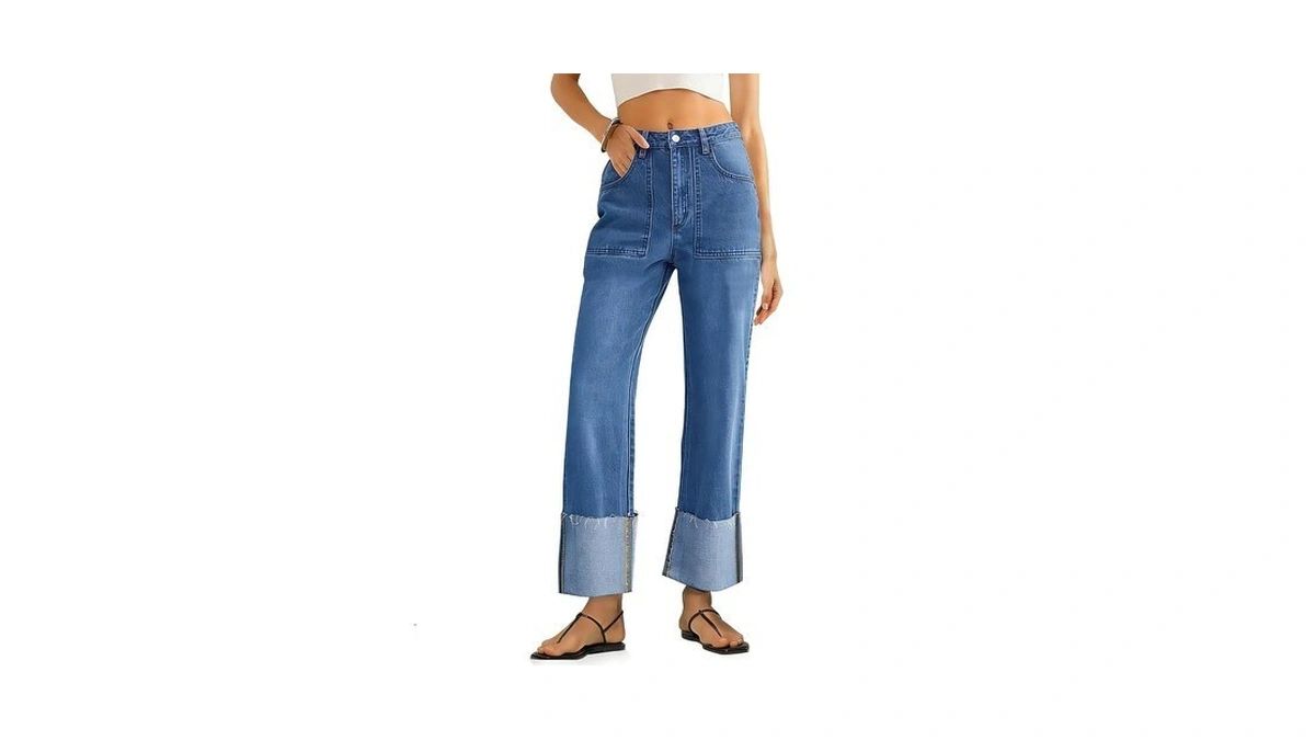 Womens High Waisted Baggy Cuffed Jeans Wide S...