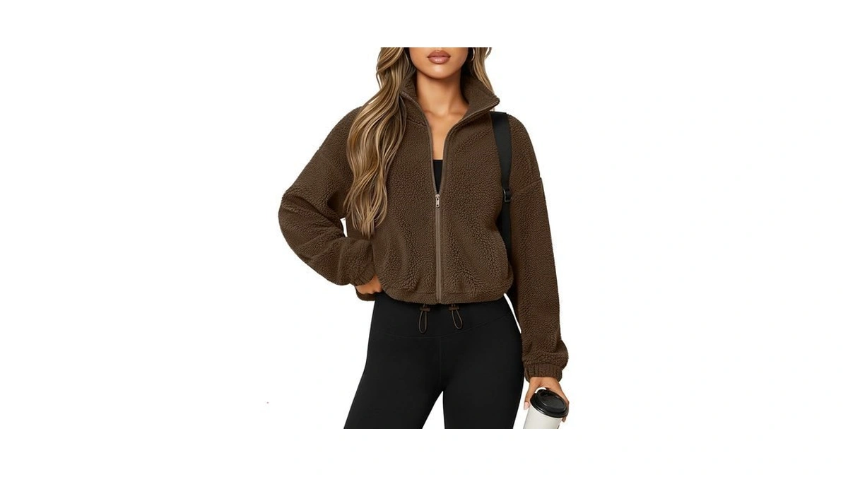 Riyiper Women's Fleece Jacket Cropped Sweatshirts, Brown, Medium
