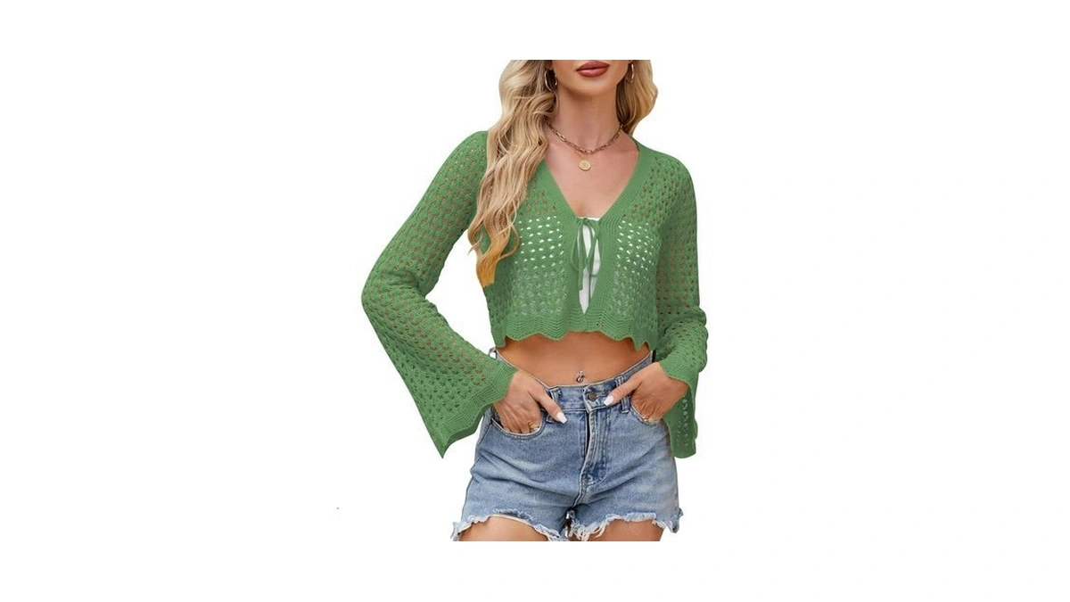 Women's Tie Front Bell Sleeve Crochet Cardigan Bolero Shrug Sage