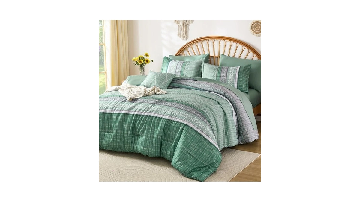 Boho King Comforter Size Set, 8 Pieces Green Striped Texture