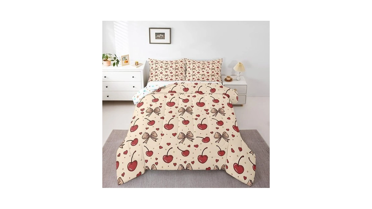 Feelyou Girl Bowknot Full Size Comforter Set Cherries Fruit Comforter