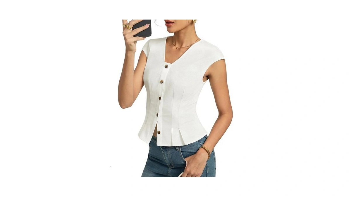 Kate Kasin Womens Button Down Crop Tops, Cap Sleeve Work