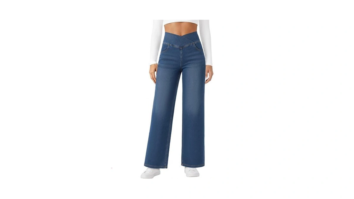 Fireswan Women's Wide Leg Jeans Crossover High Waist Stretchy Denim