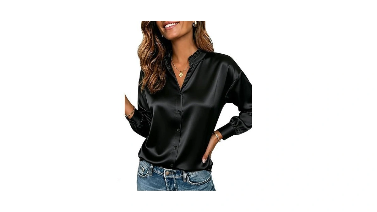 Cicy Bell Womens Satin Blouses Ruffle Collar Long Sleeve Button