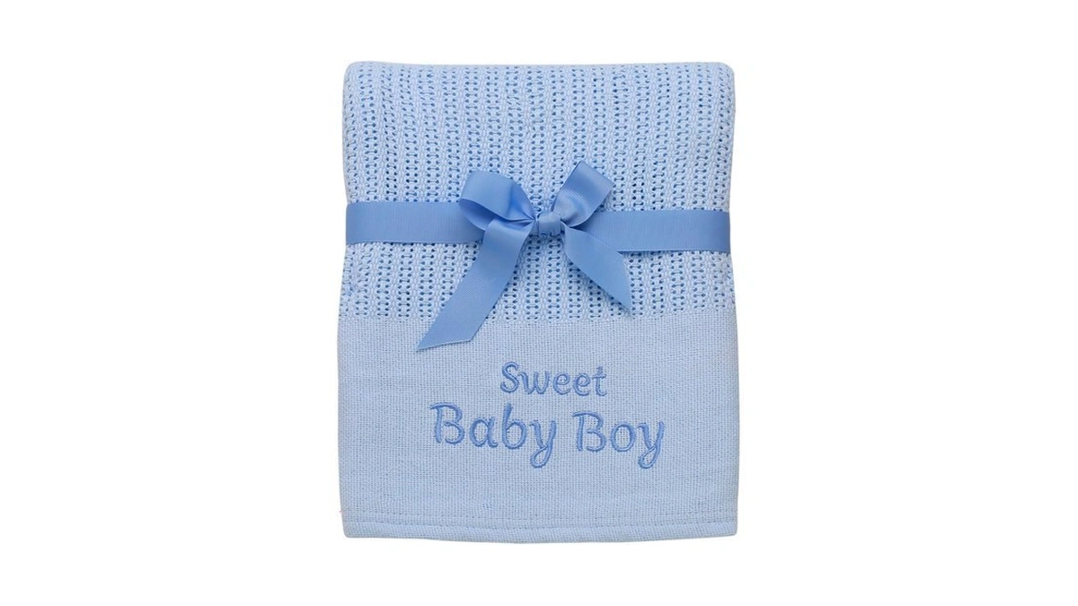 Cotton Knit Baby Blanket With Embroidery, Sweet Baby Boy, 30