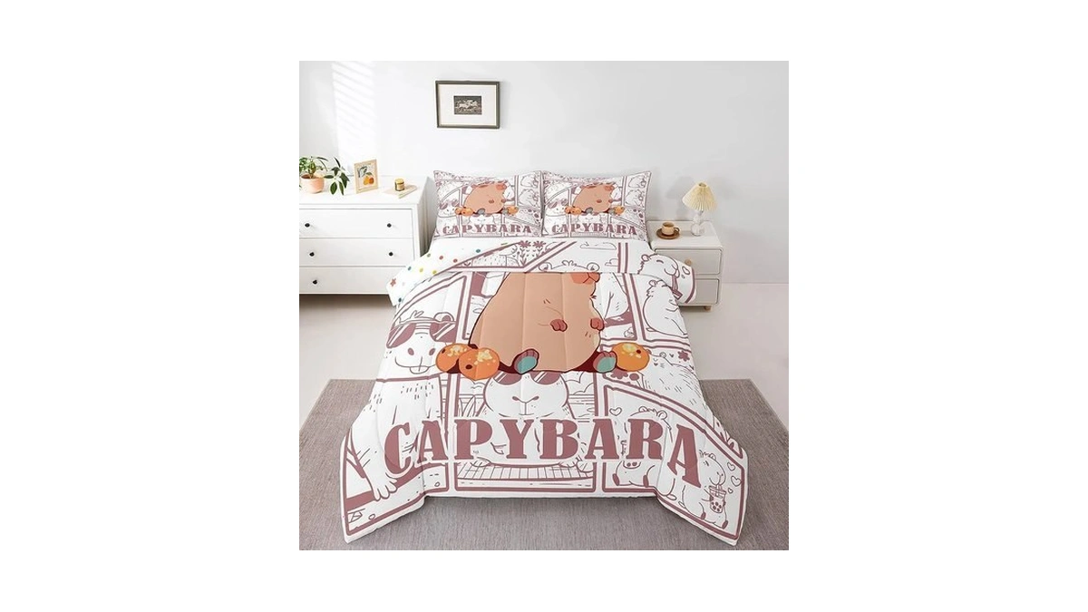 Cartoon Capybara Comforter Set, Kawaii Orange Fruit Bedding Set Full,