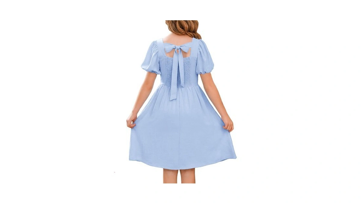 Yovion Girls Smocked Dress Puff Sleeve Tie Back With Pockets