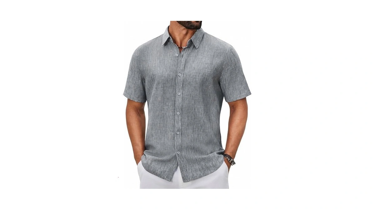 Coofandy Men's Linen Shirts Short Sleeve Casual Button Down Shirts