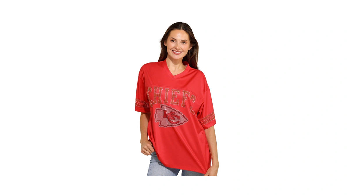 Foco Kansas City Chiefs Nfl Womens Rhinestone Logo Oversized V-neck