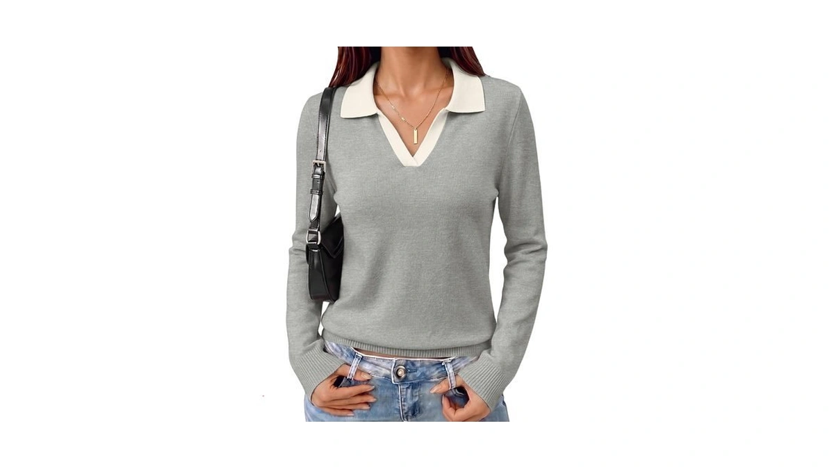 Women Long Sleeve Polo Sweater V-neck Knitted Tops Casual Pullover