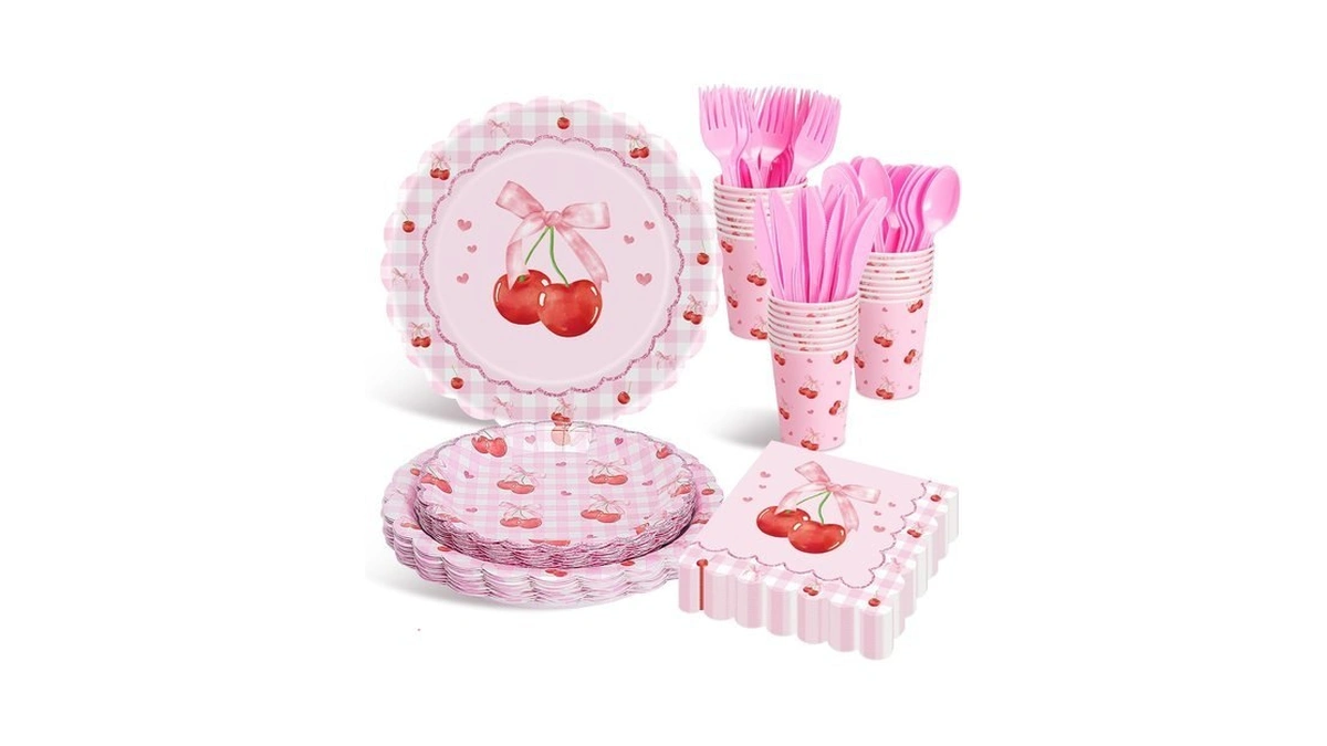 Hayfige 168 Pcs Cherry Birthday Decorations Set, Disposable Pink Bows