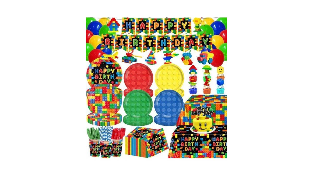 206pcs Building Block Birthday Party Supplies, Plates, Napkins, Cups, Cutlery,