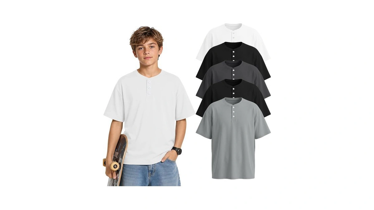 Vinsatin 5 Pack Boys Oversized Henley Shirts, 5-color, 11-12 Years