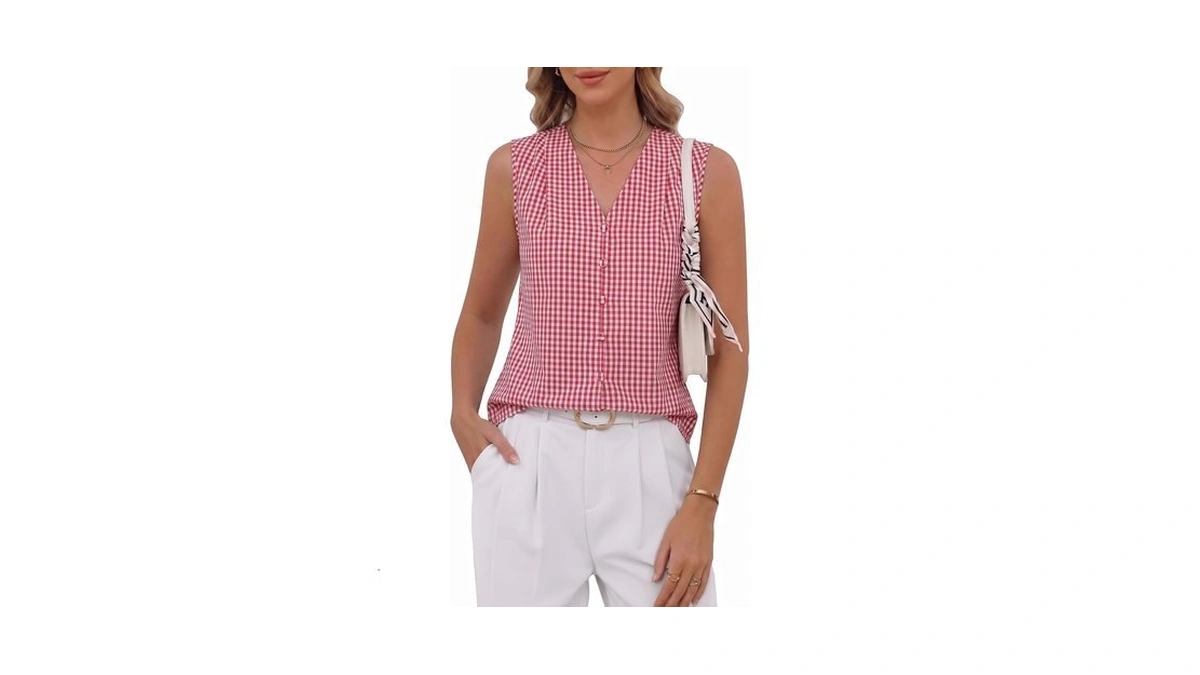 Zelroxa Womens Gingham Sleeveless Button Down Tank Top Business Work