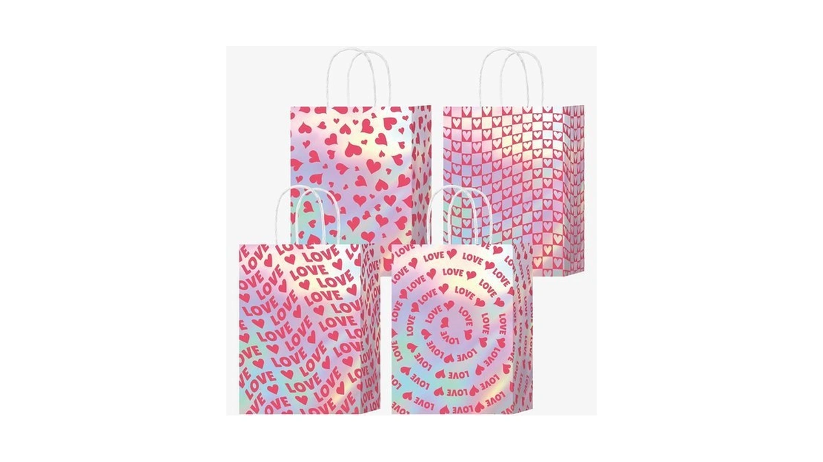Hitkmi 12 Pieces Holographic Gift Bags, Holographic Iridescent Love Heart