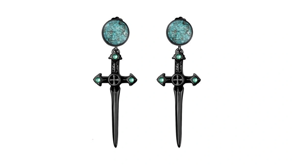 Proess Black Turquoise Sword Earrings 925 Sterling Silver Dagger Dangle