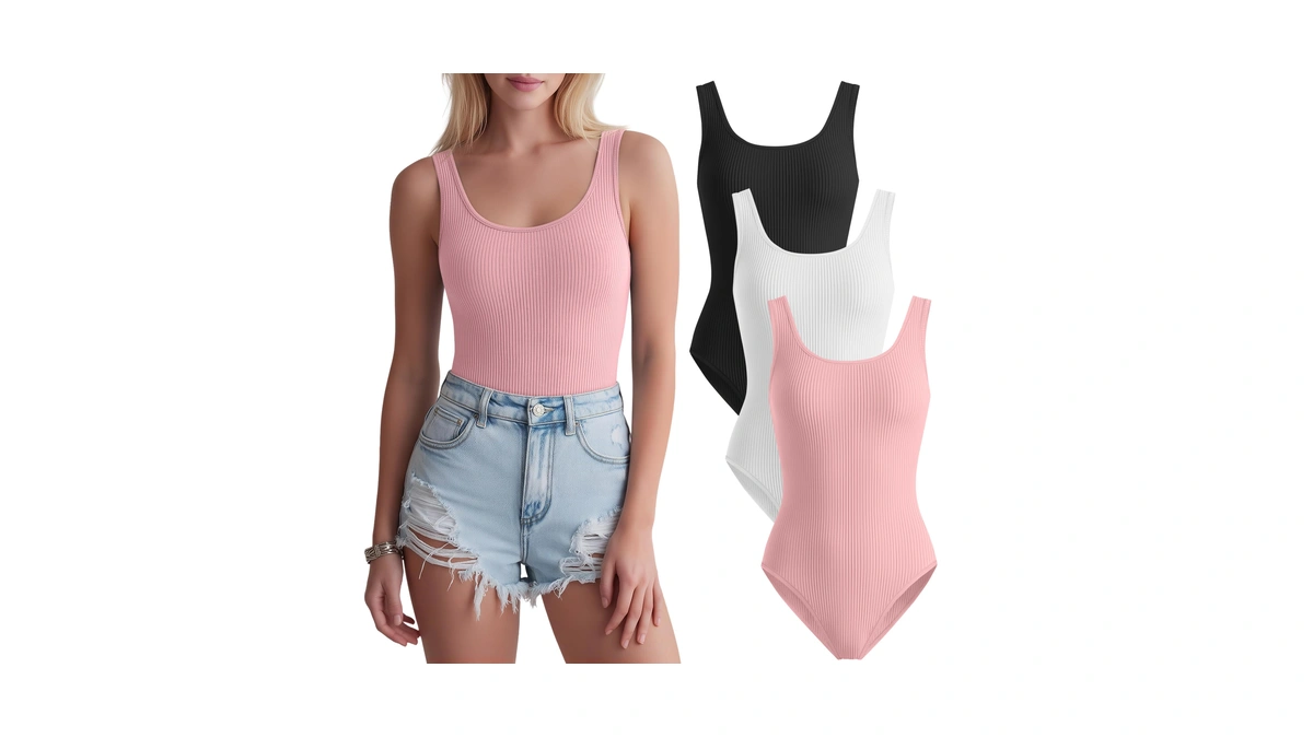 Joymotion 3 Pack Women Ribbed Scoop Neck Bodysuits, 3-color, X-small