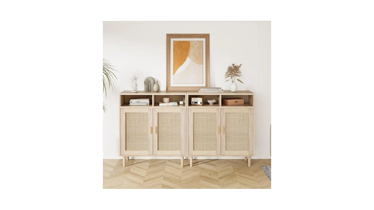 Idealhouse Set Of 2 Rattan Buffet Cabinet, 2-door Farmhouse Storage