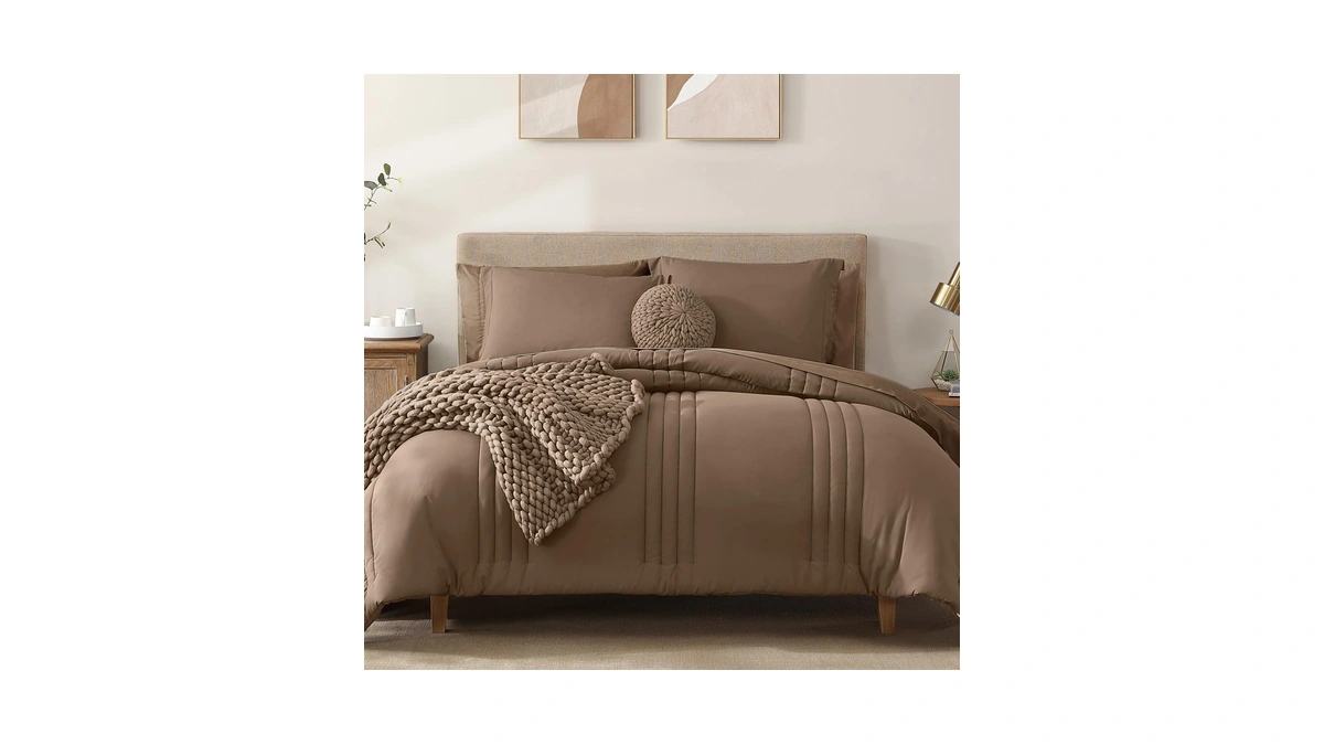 King Size Comforter Set-7 Pieces Brown Soft Bed In A