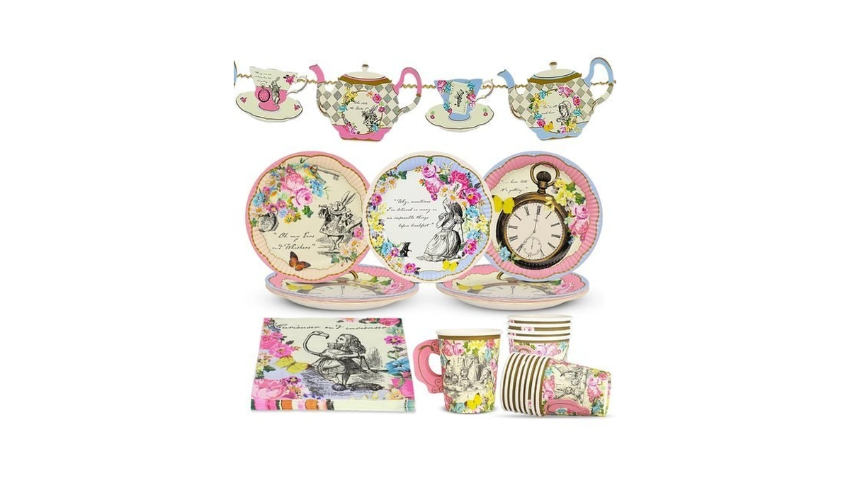 Talking Tables 50pcs Alice In Wonderland Plates, Napkins, Teacups &