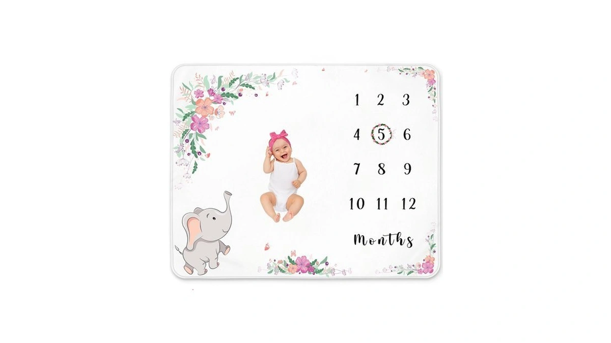 Baby Girl Milestone Blanket – Floral Elephant Design – Soft