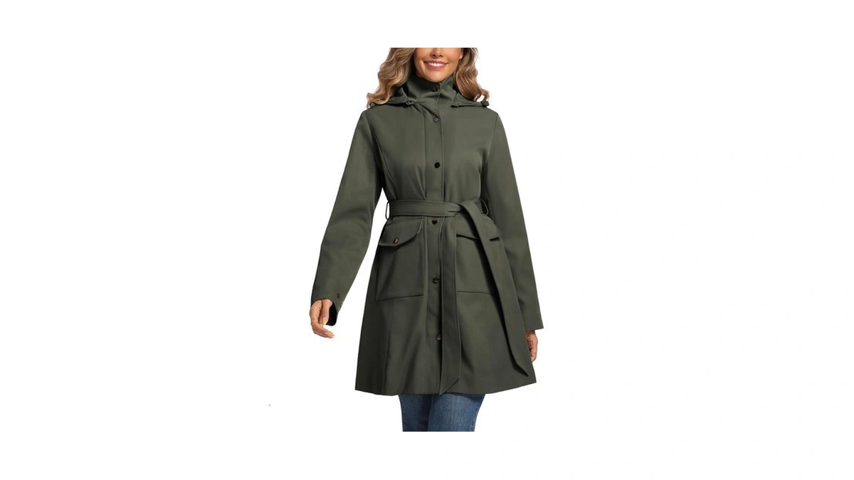 Rain Jacket Women Waterproof Trench Coat Adjustable Waist Tie Hood