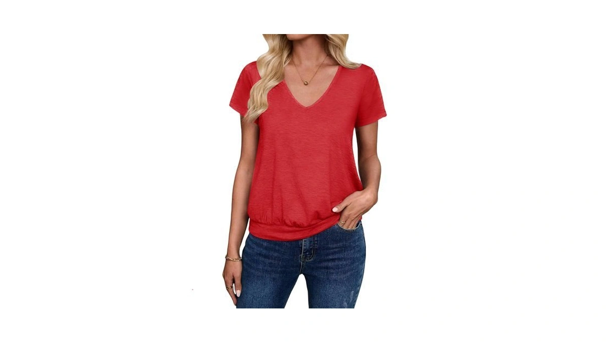 Sialois Womens Clothes V Neck Banded Bottom Shirt Short Sleeve