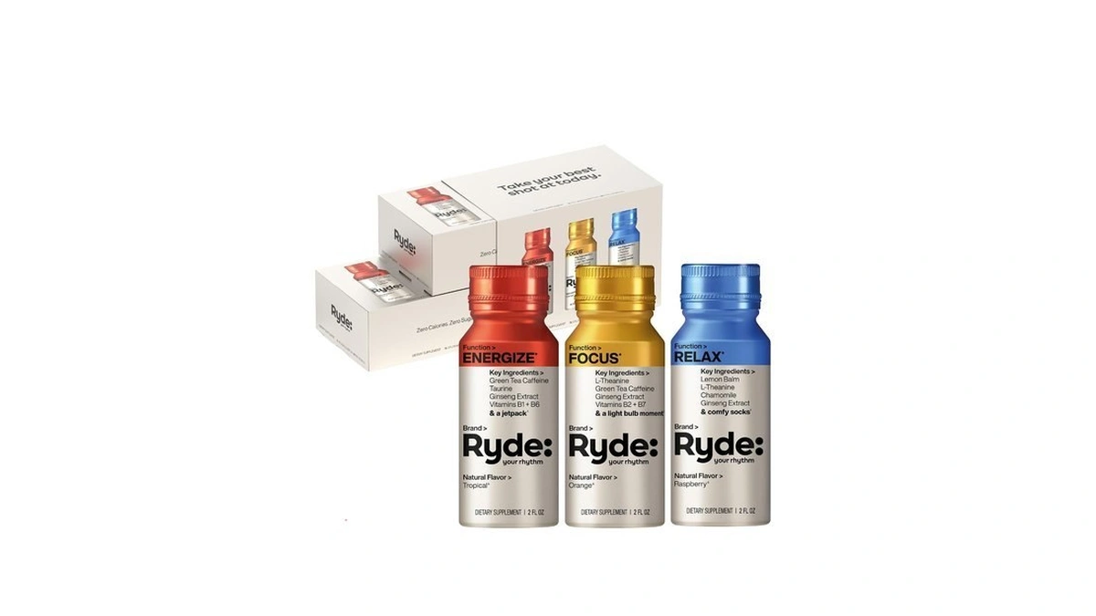 Ryde Variety Shots, Tropical, Orange & Raspberry Flavors, 6 Pack