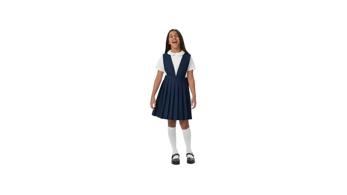 French Toast Girls' V-neck Pleated Jumper, Navy, 12