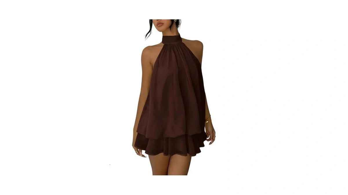 Women's Summer Halter Mini Dress Chiffon Ruffle Flowy Backless Wedding