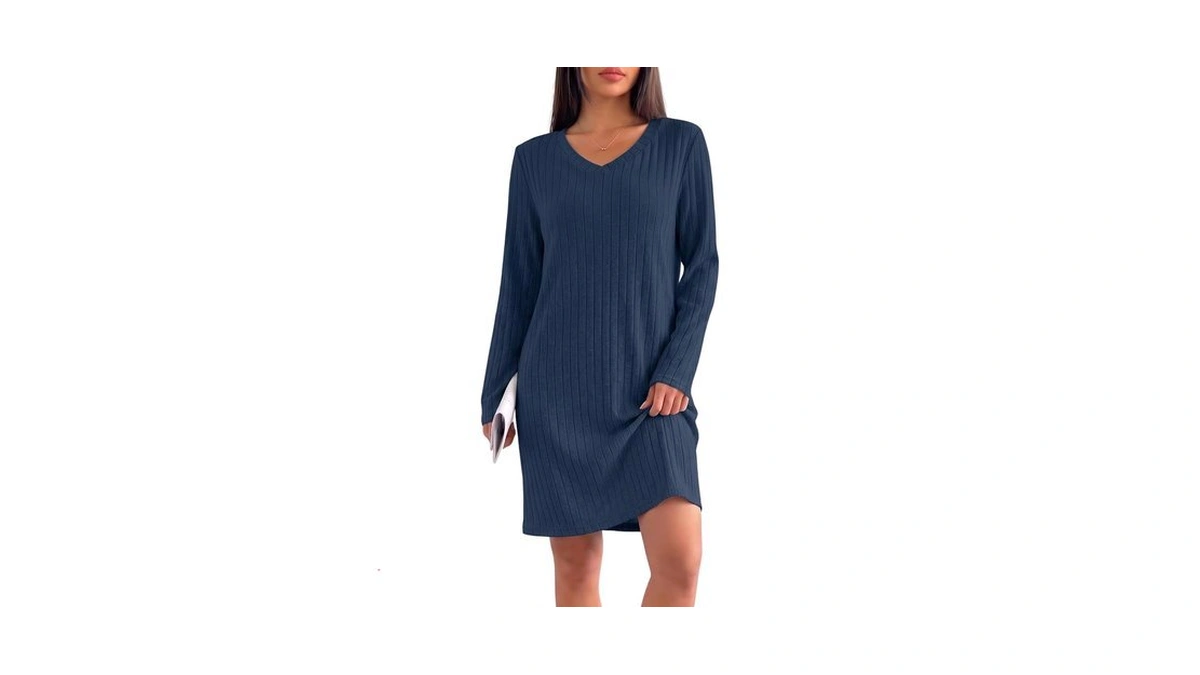 Ekouaer Long Sleeve Nightgowns For Women V Neck Ribbed Knit