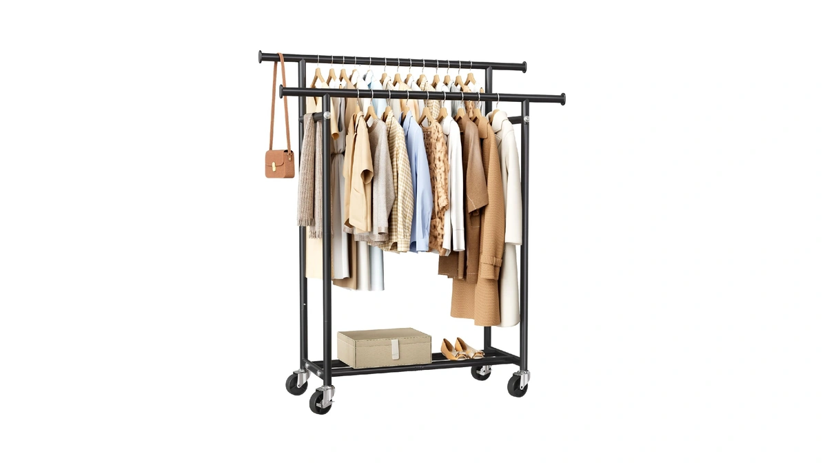 Hyseyy Clothes Rack, Double Rods Rolling Clothing Rack For Hanging