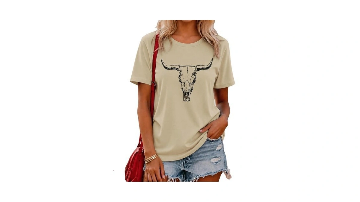Cowboy Graphic Tee For Women Western Longhorn Skull Casual Summer