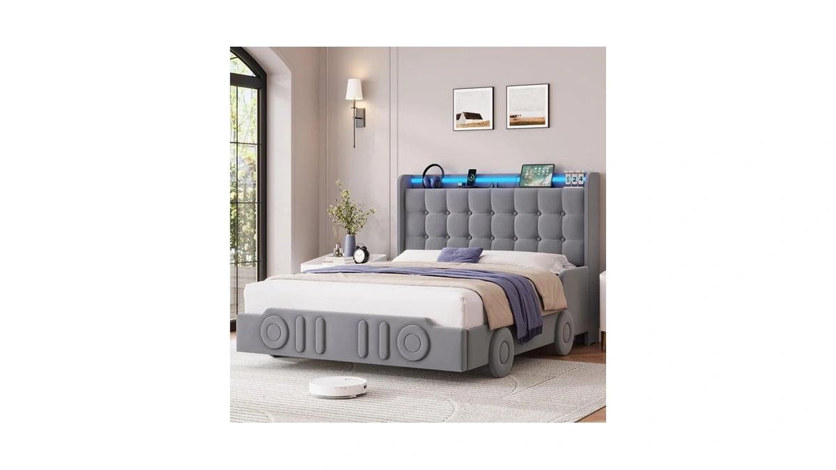 Keyluv Full Car Bed Frame With Led Lights And Charging