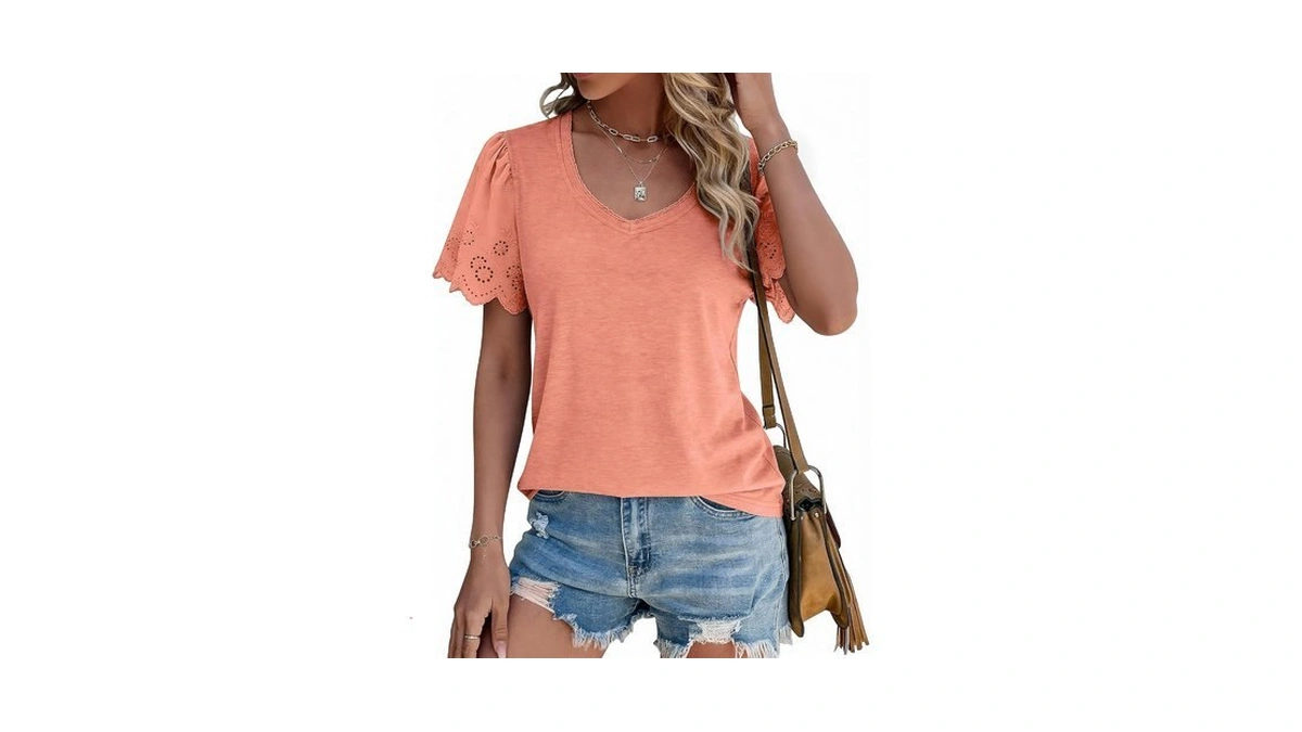 Chulianyouhuo Women's Summer V Neck Tops Short Sleeve Lace Eyelet