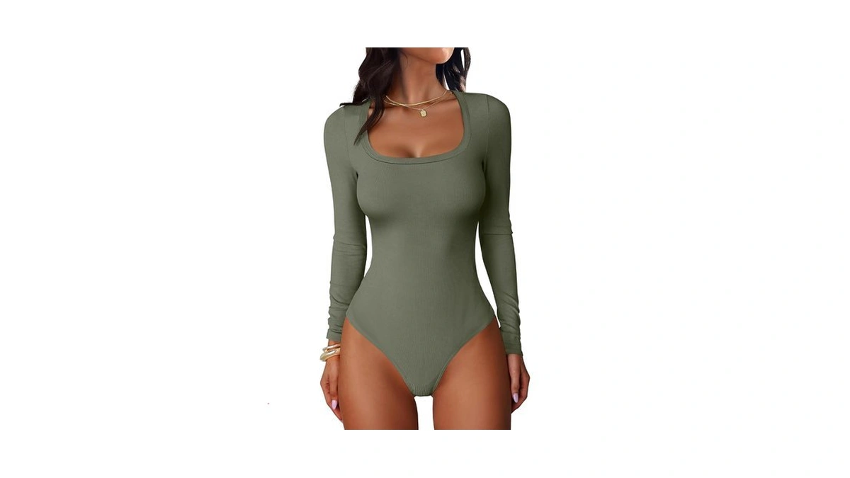Anrabess Women Scoop Neck Bodysuits Long Sleeve Shirts Army Green