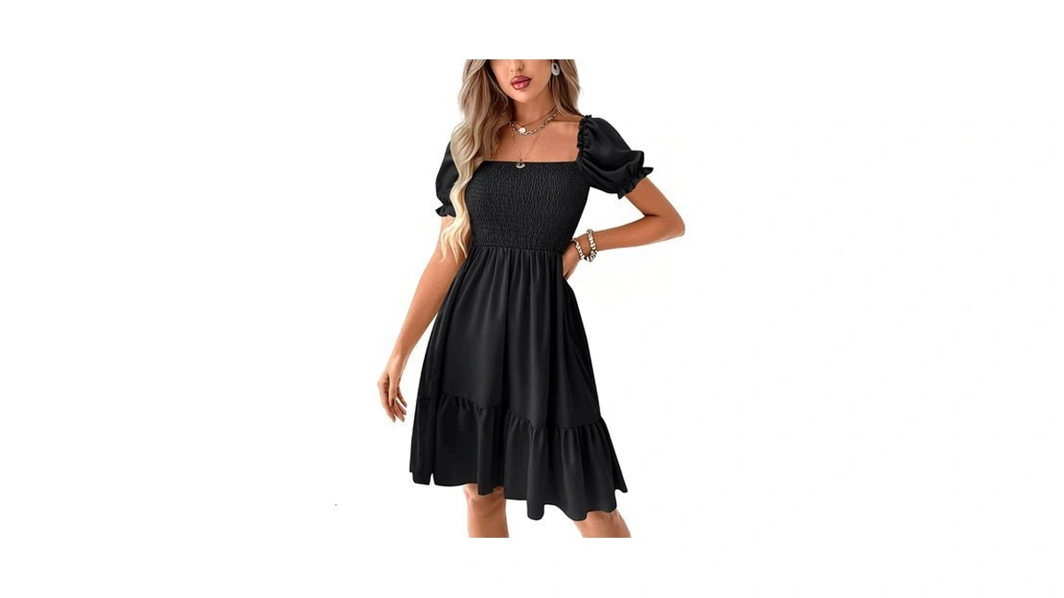 Lyaner Women's Smocked Casual Mini Dress Black Large