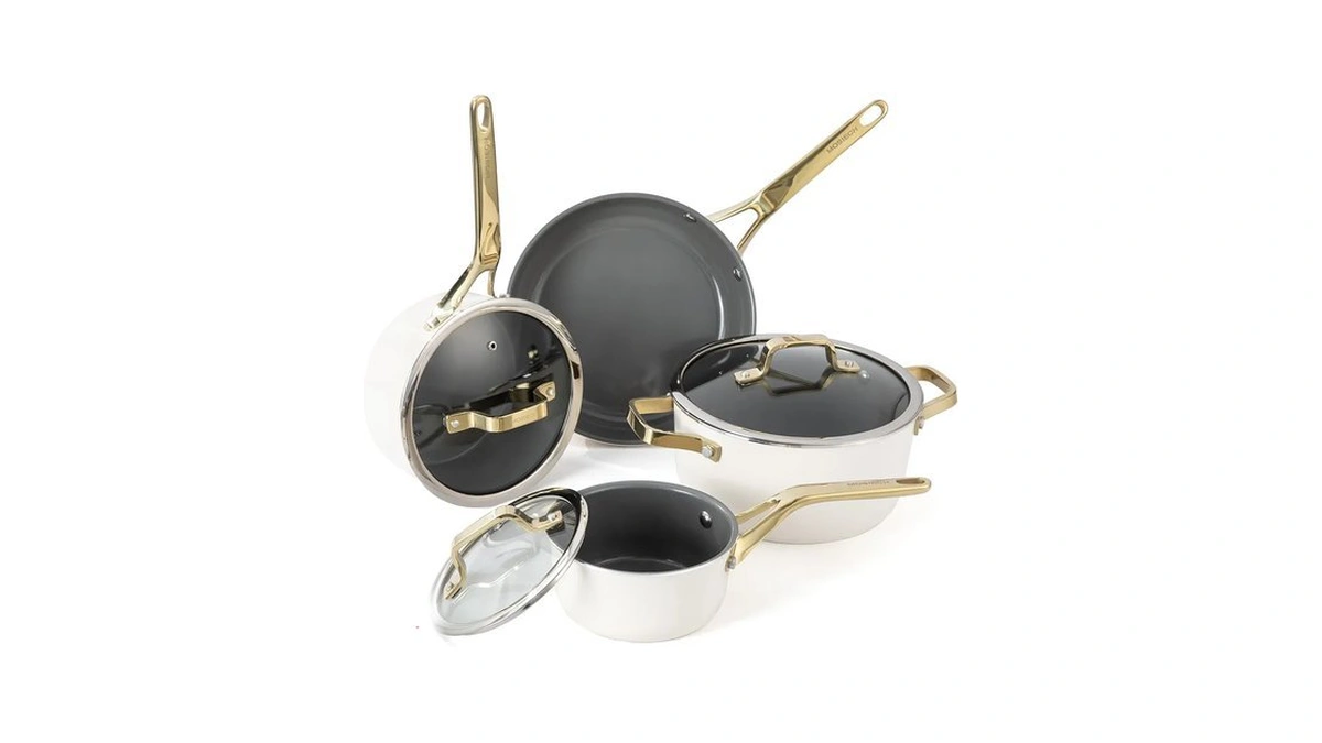 Mosiech 7pc Cream White Ceramic Cookware Set, Space Saving Rv