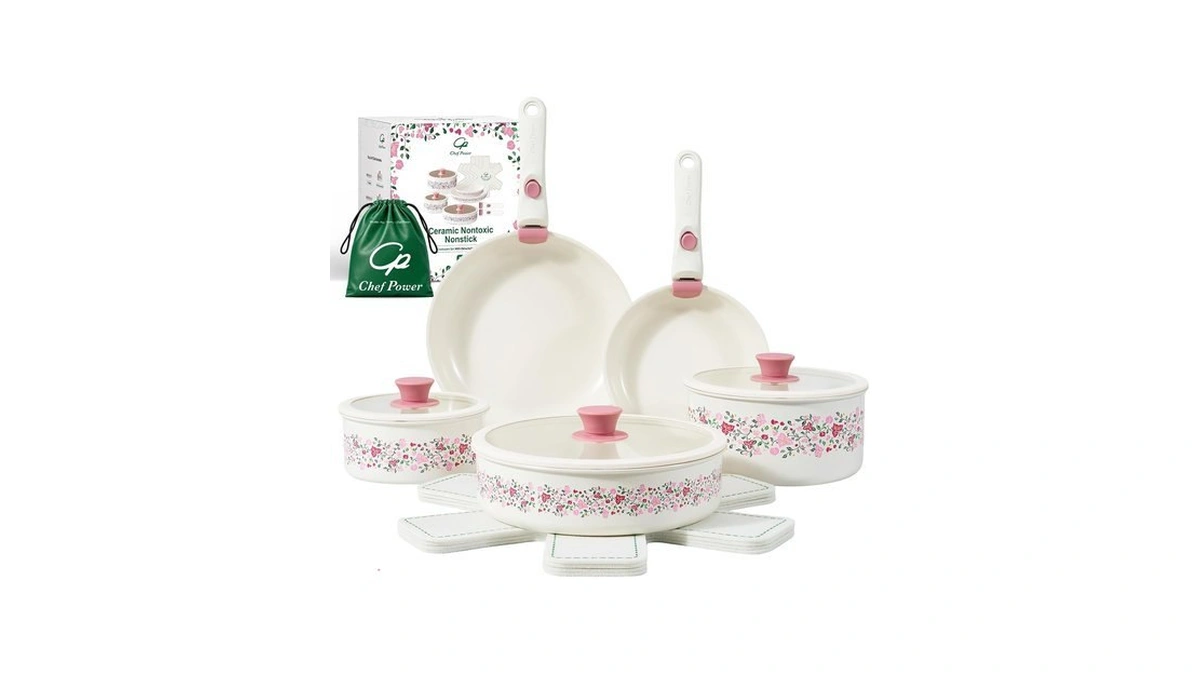 Chef Power Ceramic Cookware Set Non Toxic With Detachable Handles,