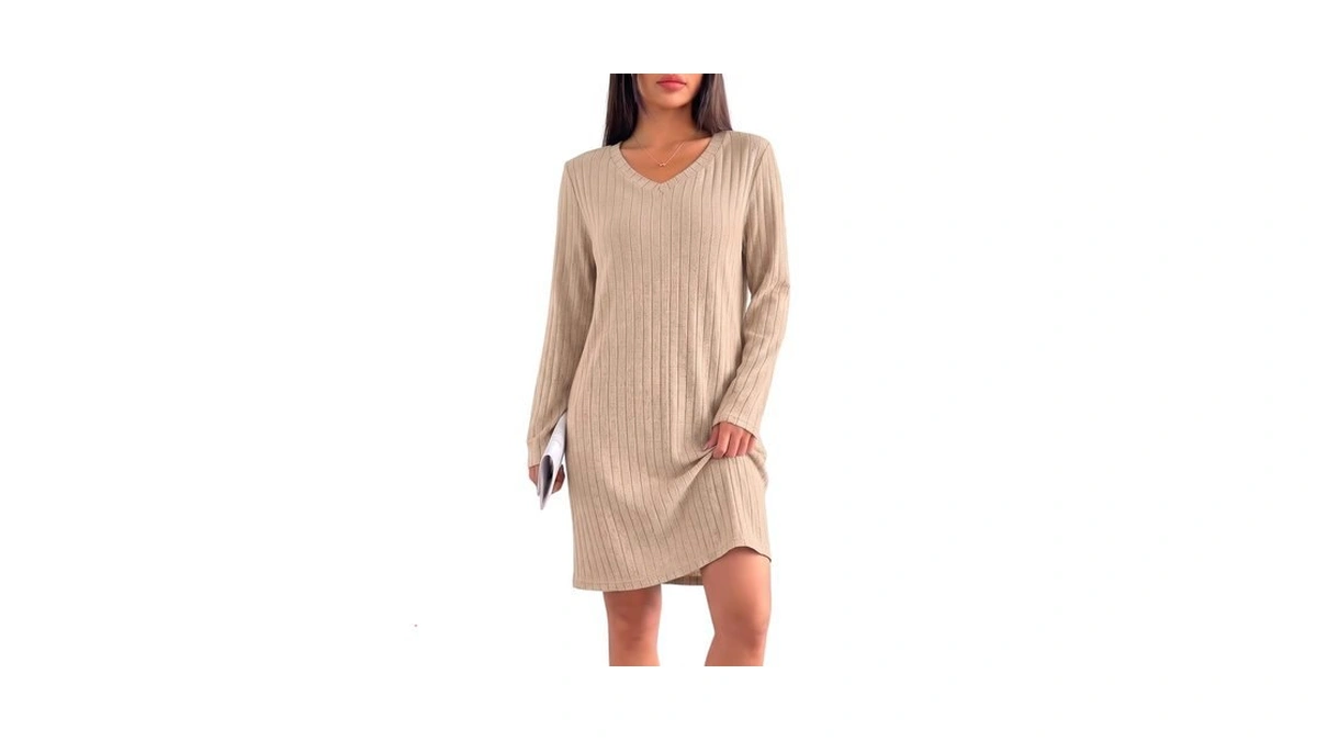 Ekouaer Long Sleeve Nightgowns For Women V Neck Ribbed Knit