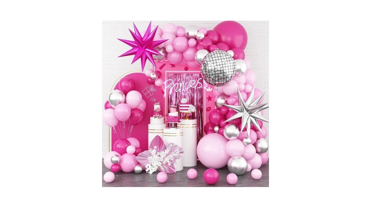 Hot Pink Balloon Arch Garland, Pastel Pink Silver Balloon Garland