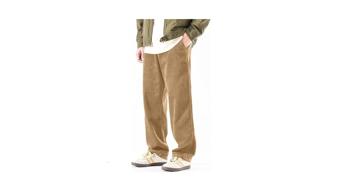 Plepan Men's Baggy Corduroy Pants Drawstring Waist Wide Leg Casual