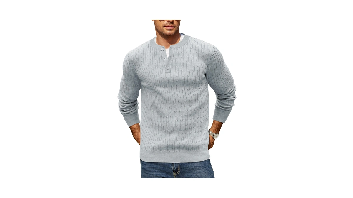 Coofandy Cable Knit Sweater For Men Henley Lightweight Long Sleeve
